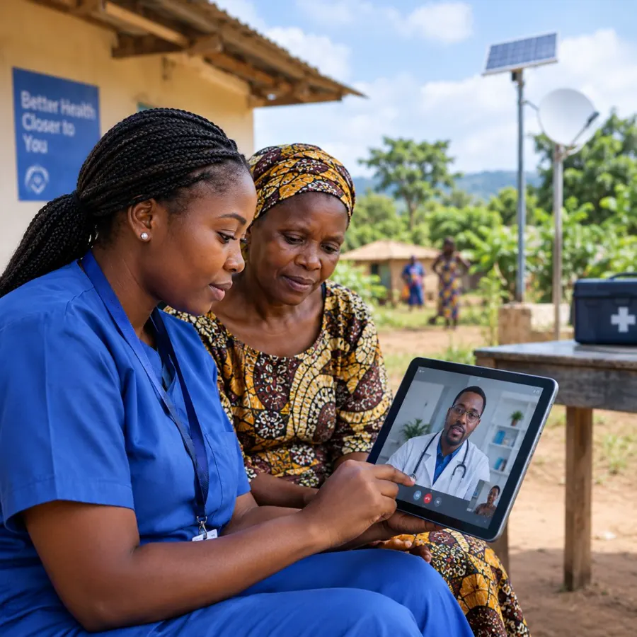 A health worker connects a patient to a doctor by video call on a tablet