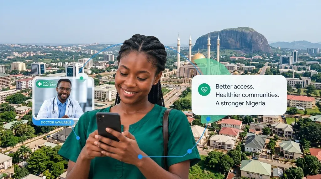 A young woman uses her phone to reach a doctor, with Abuja behind her