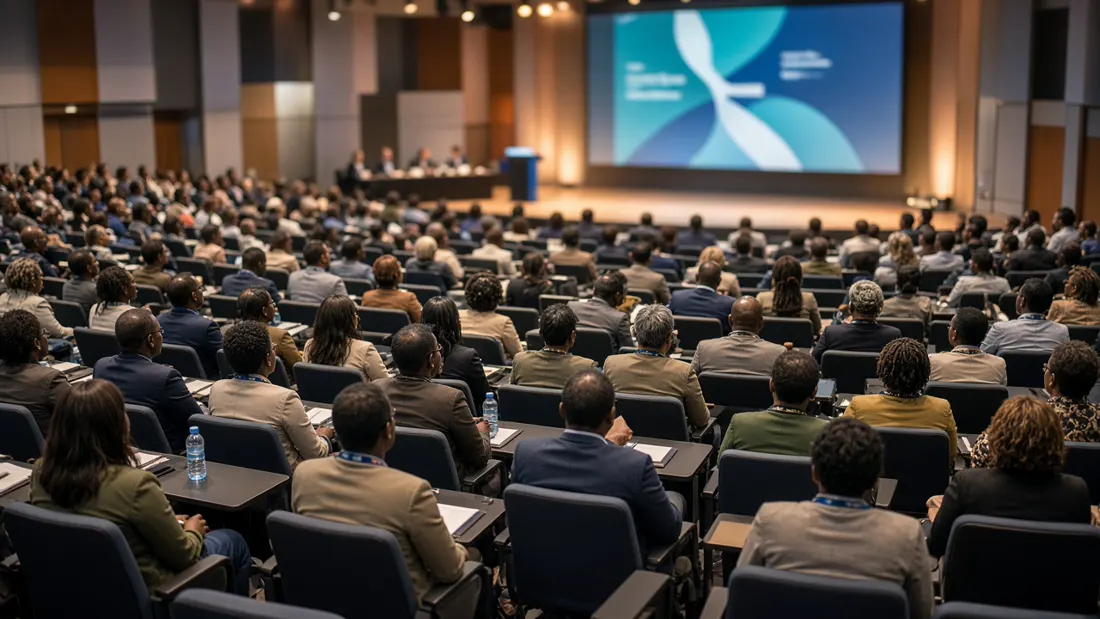 Delegates seated in a conference plenary hall